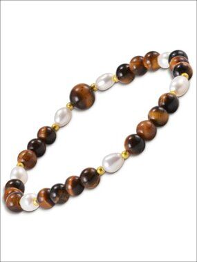 Tiger Eye Beaded Bracelet 18K Gold Plated Handmade Stretch Healing Yoga